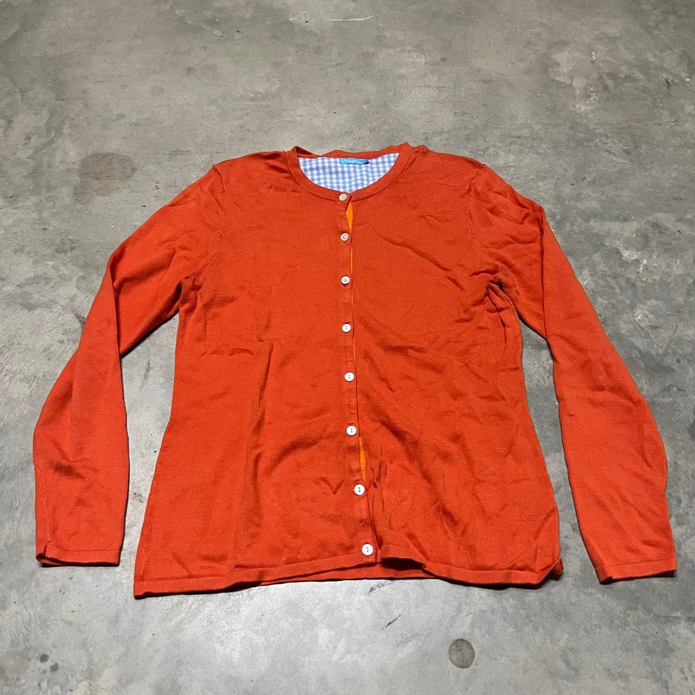 J.McLaughlin Womens Orange Cotton Modal Blend Gingham Trim Cardigan Sweater L